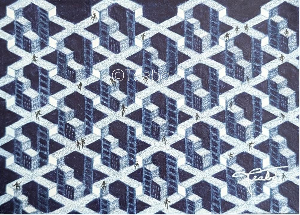 Dark blue grid with tiny figures.